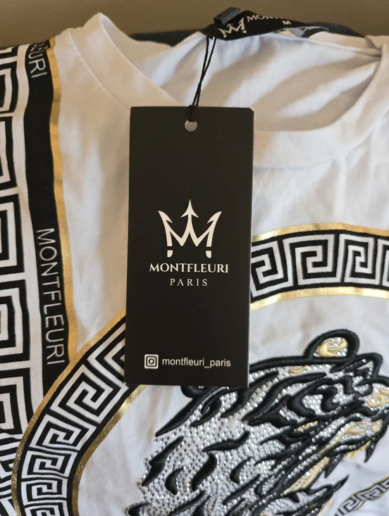 Montfleuri Paris White Graphic Short Sleeve Tee with Black and Gold Accents - Picture 6 of 6